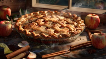 Freshly Baked Apple Pie with Lattice Crust Surrounded by Apples and Cinnamon Sticks on a Rusti