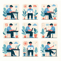 vector young man playing laptop 