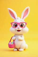 Fototapeta premium Rabbit with glasses and a basket on a yellow background