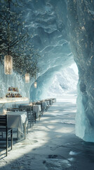 Obraz premium Modern Dining in Ice Cave with Crystal Lighting: Unique Gourmet Experience in a Frozen Landscape