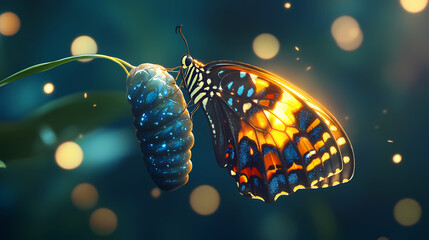 Luminous butterfly emerging from chrysalis night. Luminous Emergence. Illustration