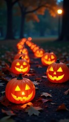 Fototapeta premium The air is filled with the warm glow of jack o lanterns on the ground,, candlelight, cozy