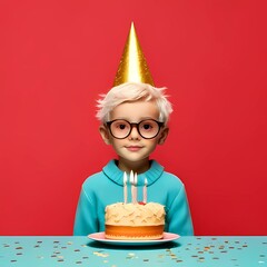boy with birthday cake on the red background 
