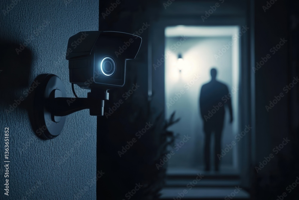 Poster graphic layout showcasing cctv security system in action targeting potential intruder