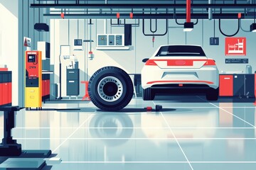 Naklejka premium Graphic layout for advertising on changing tires in a modern automotive workshop