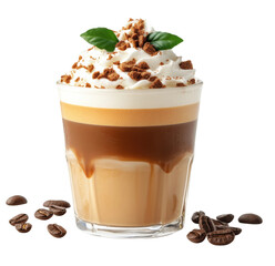 Creamy iced coffee with whipped cream and chocolate sprinkles in glass, cut out