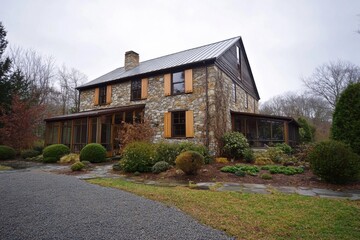 Fototapeta premium Historic stone house situated in a tranquil forest setting with lush landscaping, showcasing tasteful architecture and a cozy environment