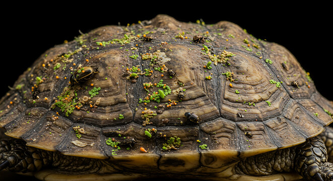 Detailed close up of a turtle's shell showing various symbiotic organisms thriving upon it