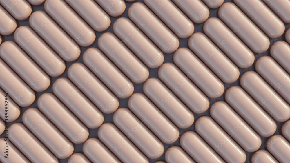 Poster abstract 3d render, synchronized motion of mocha mousse capsules in precise pattern, seamless looped