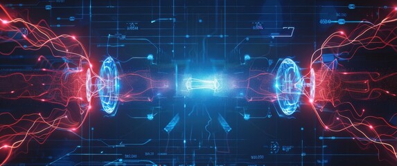 Obraz premium Financial data center disaster recovery system, transaction replication between sites shown as mirrored energy flows blur.