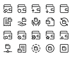 Outline icons set for Wallet, purse, savings, cash.