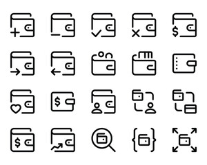 Outline icons set for Wallet, purse, savings, cash.