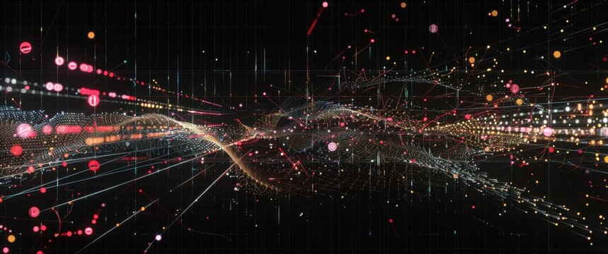 Data stream abstract artwork matrix aesthetic consistency checks atomicity digital barriers dots connected by lines on black.