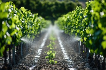 A vineyard with grape vines is being irrigated by water sprinklers on a sunny day. It's for agriculture, winery, or sustainable farming concepts.