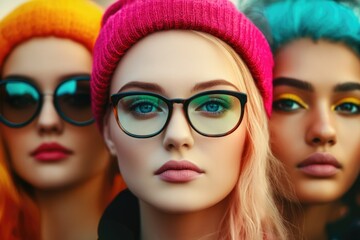 Fototapeta premium Young caucasian and hispanic women in colorful hats and glasses