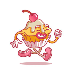 Running cupcake with a cherry – fun cartoon dessert. Modern flat style thin line vector illustration isolated on white background