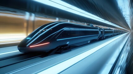 Fototapeta premium Futuristic hyperloop train hurtling through an illuminated, sleek tunnel system