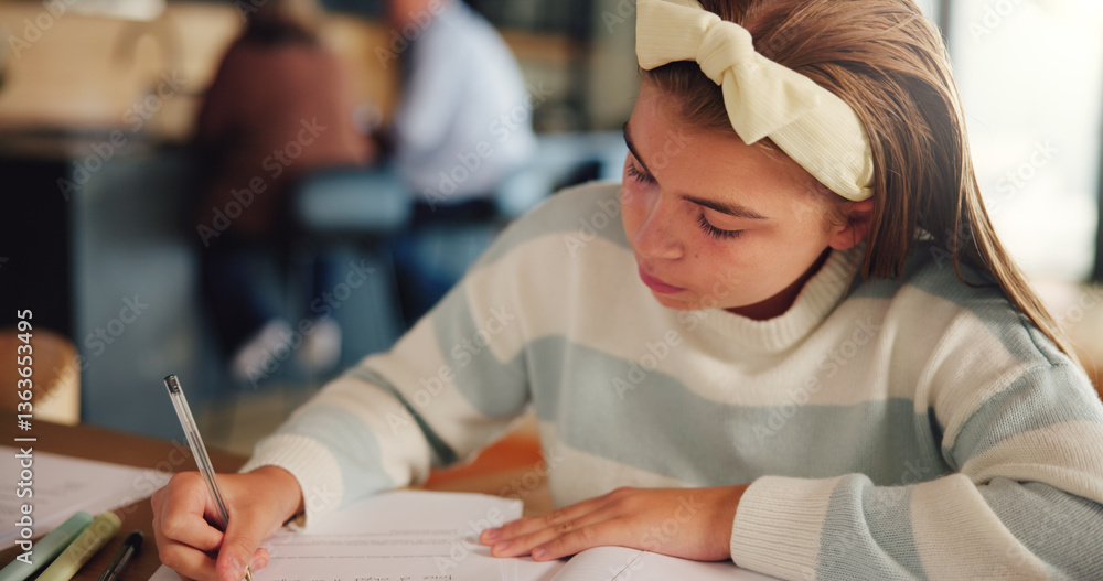 Aufkleber writing, homework and child in home with notebook for remote learning, education and lesson. school,