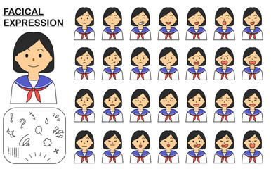 喜ぶ、怒る、悲しむ、驚く、笑う、楽しい、困惑する、困る、落ち込む、焦る、慌てる、がっかりする制服（セーラー服）を着た女子学生（高校生、中学生）の顔、表情のセット
