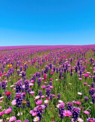 A vibrant field of purple and pink wildflowers stretches to a clear blue sky, creating a colorful floral carpet, blue sky, wild