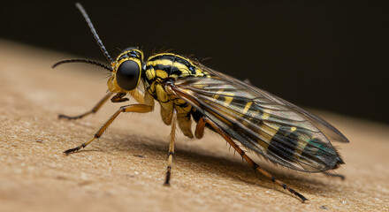 Obraz premium Detailed close-up of a striking Athericidae fishfly with distinctive yellow stripes