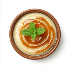 delicious pudding with caramel and mint, Isolated on white Background.