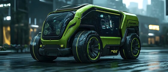 Obraz premium A futuristic garbage truck with AI, VR control, and mechanical arms operates in a smart city, ensuring efficiency and cleanliness. ideal for media on smart cities and eco-friendly technology.