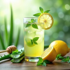 A glass with a refreshing drink based on aloe, decorated with a slice of lemon or a sprig of mint. Around it are fresh aloe leaves, honey, lemon.