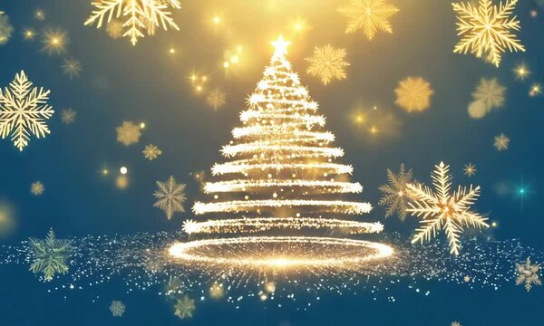 Glowing stylized bright particle Christmas tree with falling snowflakes on the background. New Year festive modern composition. Looped