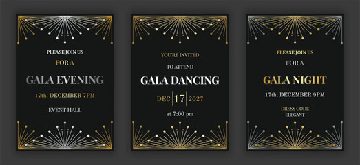 Geometric gala evening, dancing, night, invitation template set. Art deco style retro ornate black, gold and silver coloured background. EPS 10 vector illustration.