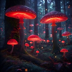 A Captivating Nocturnal Scene in an Enchanted Forest, Showcasing Crimson-Capped Mushrooms Radiating a Soft, Bioluminescent Glow Amidst the Whispering Shadows and Ancient Trees.