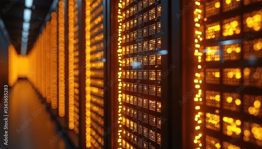 Poster Server rack in data center with illuminated lights. Futuristic digital tech, modern cyberspace background. Innovation in computer infrastructure and storage processing information.