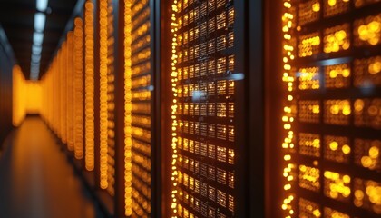 Server rack in data center with illuminated lights. Futuristic digital tech, modern cyberspace background. Innovation in computer infrastructure and storage processing information.