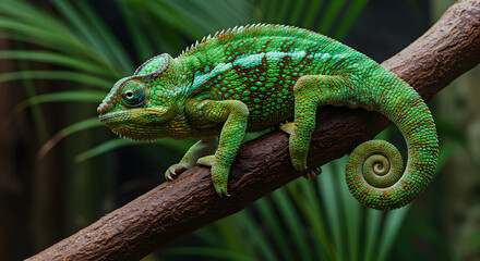 Fototapeta premium Vibrant chameleon gripping tightly to a sturdy branch showcasing its coiled tail