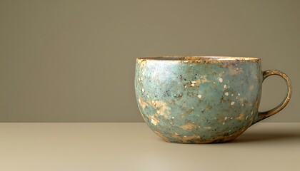 Teal speckled ceramic mug on table.