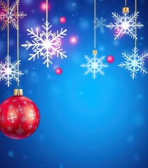 Festive blue background with shimmering snowflakes and colorful Christmas balls, celebration, cold, winter