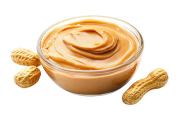 Creamy peanut butter in glass bowl with peanuts on white background, cut out