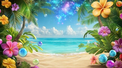 Tropical Beach Paradise with Sparkling Bubbles