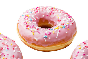 Pink frosted donut with colorful sprinkles on white background, cut out