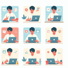 vector young man playing laptop 