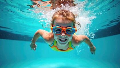 A child swims and dives underwater in a pool wearing water goggles. Active healthy lifestyle, water sports and swimming lessons during summer holidays