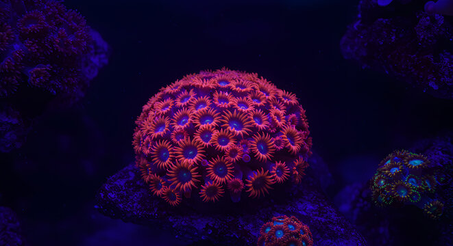 Vibrant coral polyps fluorescing brilliantly under ultraviolet illumination