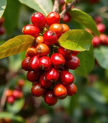 Fototapeta premium Ripe red coffee cherries cluster on a green branch, close-up, caffeine, agriculture