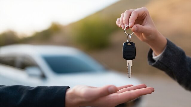 Car key being handed over automotive purchase scene outdoor exchange