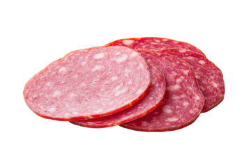 Stack of sliced salami on white background highlighting marbled meat texture, cut out