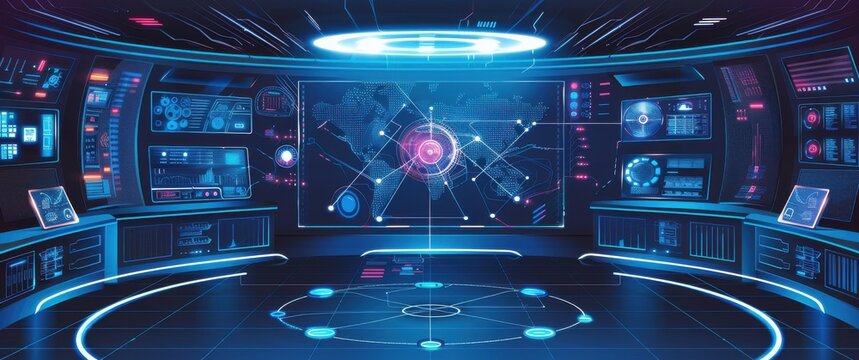 Futuristic network ops center, holographic displays showing real-time data flow, a cyberpunk aesthetic with a soft blur.