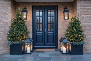 Christmas decorations beautifully transform the entrance of a home, showcasing illuminated trees and lanterns that create a warm, inviting atmosphere during twilight hours