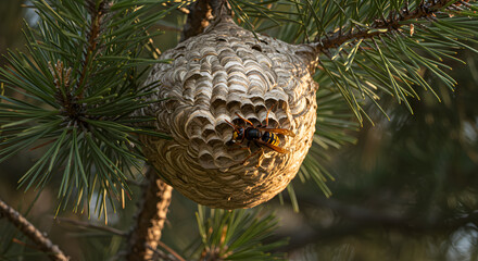 Fototapeta premium Protective hornet guarding a intricate paper nest attached to a pine tree branch