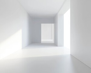 Minimalist White Interior Space with Hallway and Natural Light Streaming in