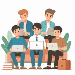 vector young man playing laptop 